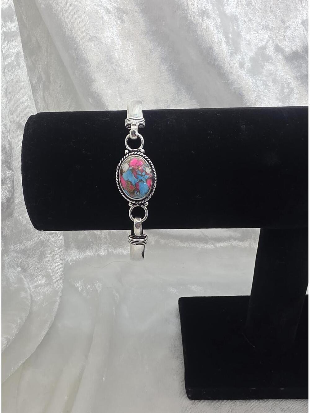 Southwestern Turquoise Magenta Stone Bangle Bracelet Silver Tone Hinged Bracelet